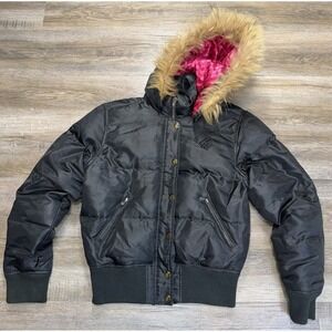 VTG Y2K Rocawear Black Puffer Jacket Womens L Pink Inner Lining Plush-Fur Hood